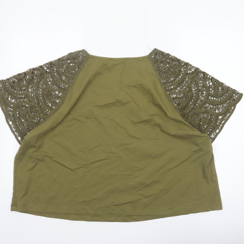 Marks and Spencer Women's Green Crochet Sleeve Cotton T-Shirt Size 24