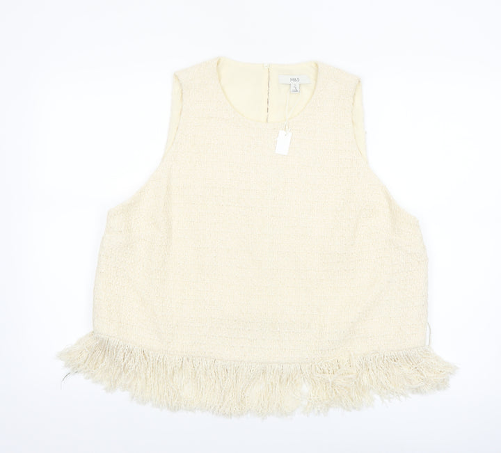 Marks and Spencer Women's Beige Cropped Fringe Tweed Blouse Size 18