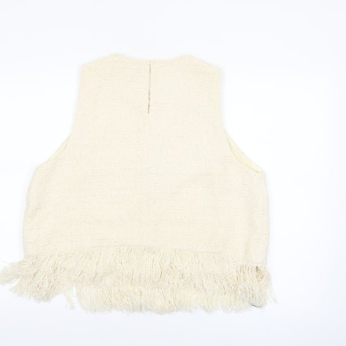 Marks and Spencer Women's Beige Cropped Fringe Tweed Blouse Size 18