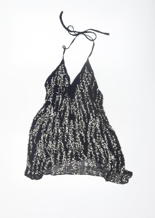 Zara Women Black Sequin Halter Camisole Party Top Size 8