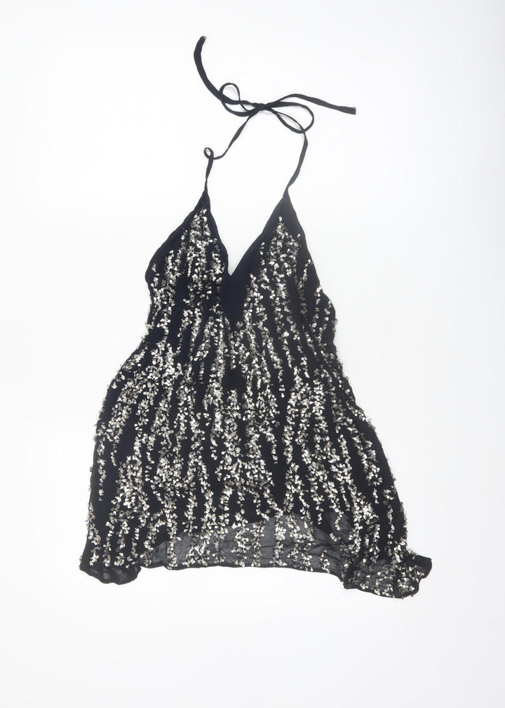 Zara Women Black Sequin Halter Camisole Party Top Size 8