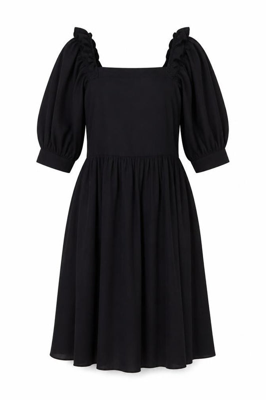 Front view of Vero Moda Women Black M A-Line Puff Sleeve Short Dress