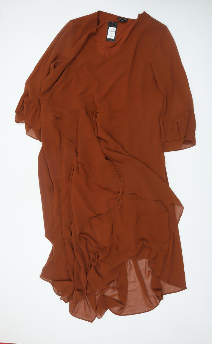 City Chic Womens Brown Midi Wrap Dress L V-Neck Ruffle Lightweight