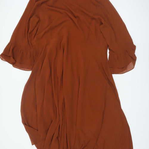 City Chic Womens Brown Midi Wrap Dress L V-Neck Ruffle Lightweight