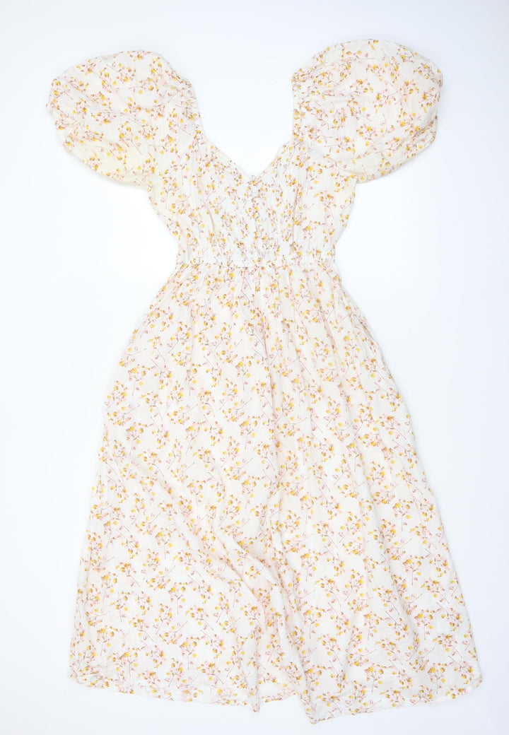 Next Women’s White Floral Puff Sleeve Midi Dress Size 6