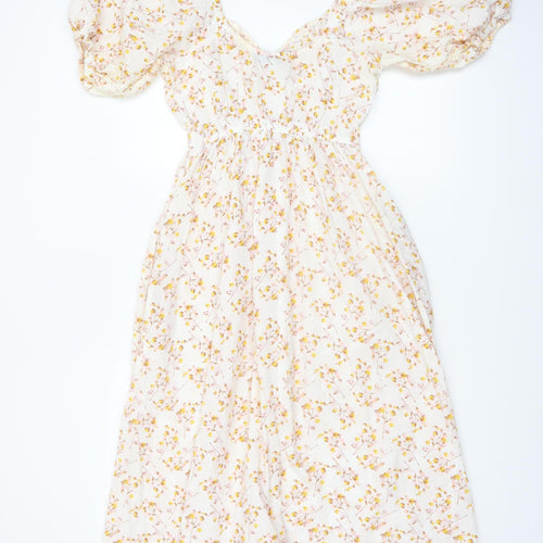 Next Women’s White Floral Puff Sleeve Midi Dress Size 6