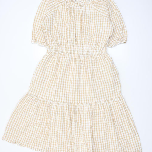 French Connection Women’s Beige Check Midi A-Line Cotton Dress Size S
