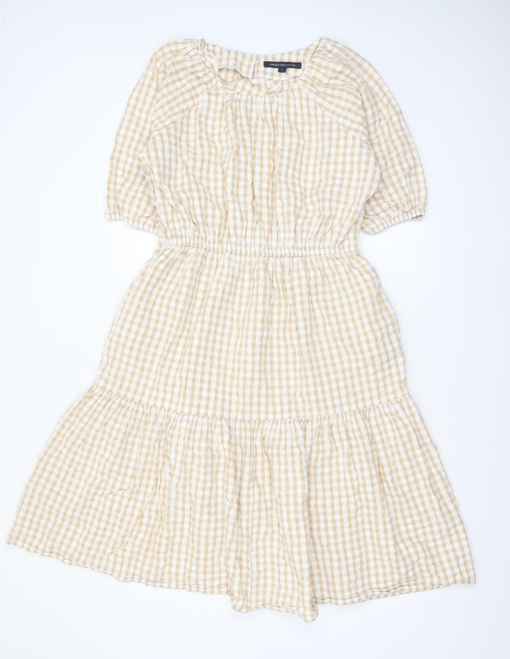 French Connection Women’s Beige Check Midi A-Line Cotton Dress Size S
