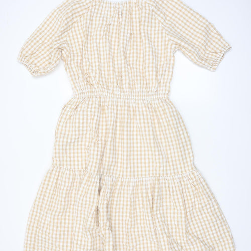 French Connection Women’s Beige Check Midi A-Line Cotton Dress Size S