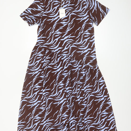 Marks and Spencer Women Brown Animal Print Cotton Midi Dress Size 8 Petite