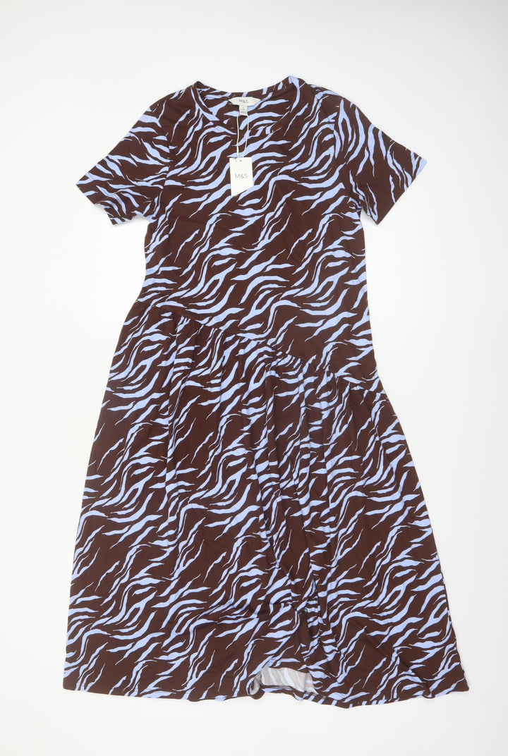 Marks and Spencer Women Brown Animal Print Cotton Midi Dress Size 8 Petite