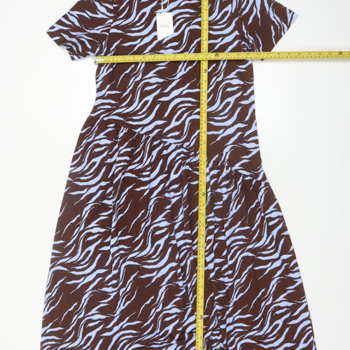 Marks and Spencer Women Brown Animal Print Cotton Midi Dress Size 8 Petite