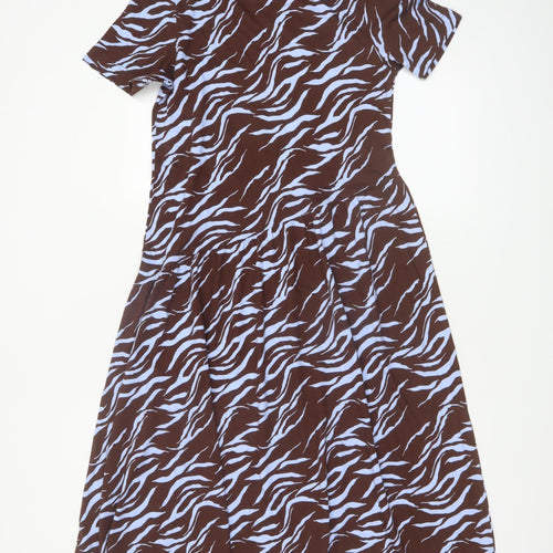 Marks and Spencer Women Brown Animal Print Cotton Midi Dress Size 8 Petite