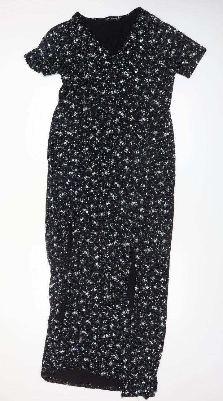 PrettyLittleThing Women's Black Floral Maxi Dress Size 16 V-Neck