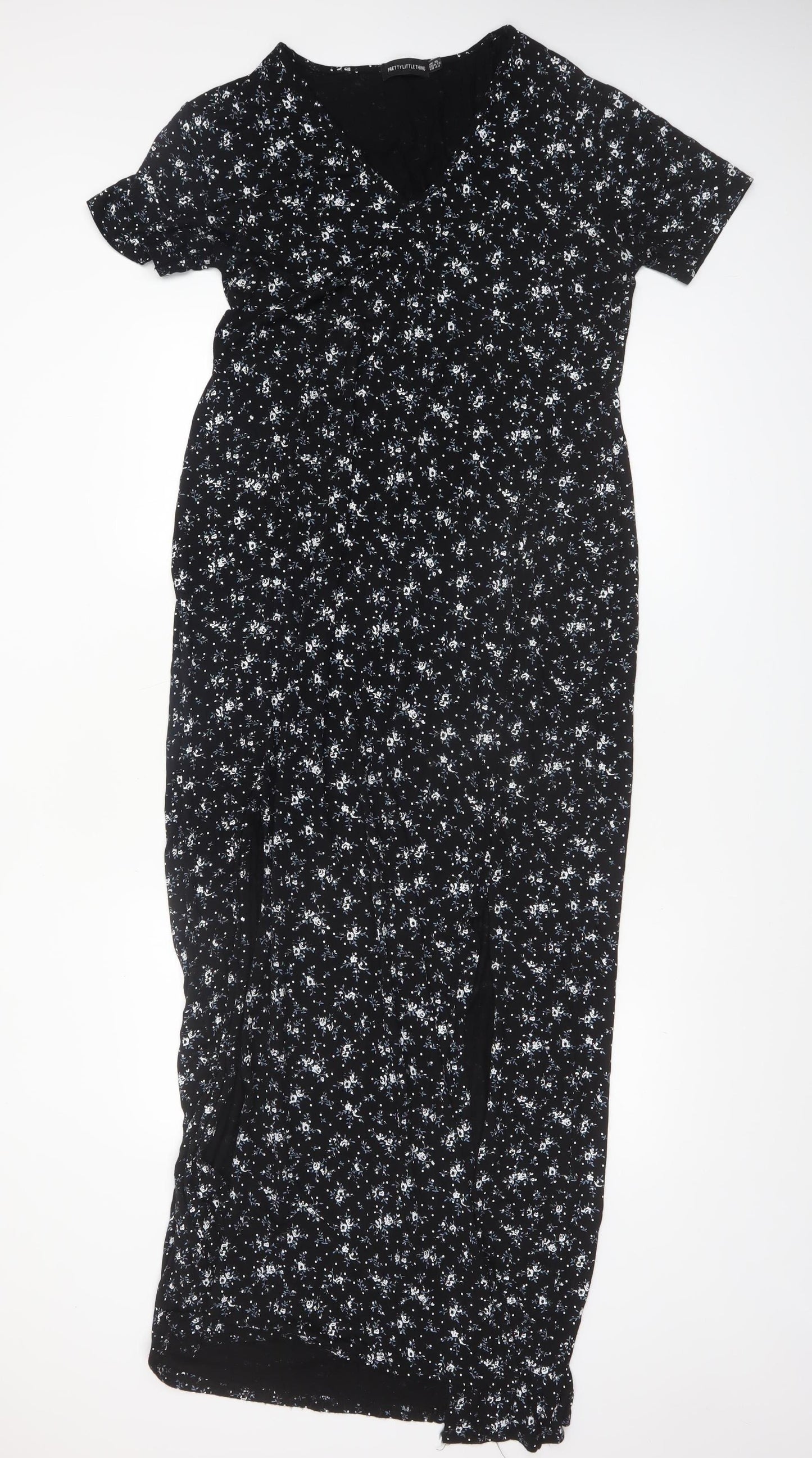PrettyLittleThing Women's Black Floral Maxi Dress Size 16 V-Neck