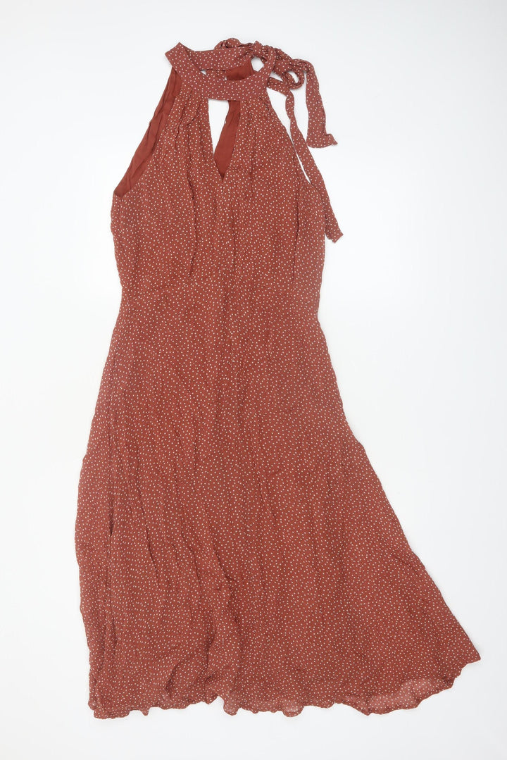 Next Women Brown Polka Dot Halter A-Line Midi Dress Size 12