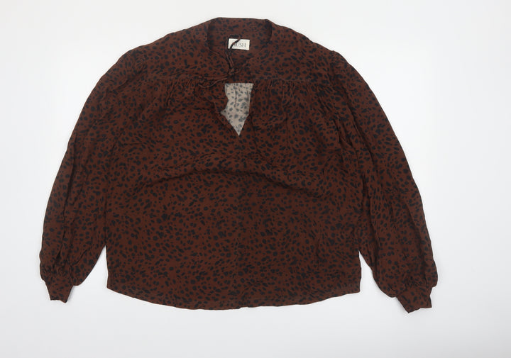 Hush Womens Brown Animal Print V-Neck Tie Blouse Size 10