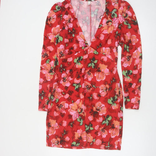 H&M Women’s Red Floral Bodycon Mini Dress Size 8 V-Neck Long Sleeve