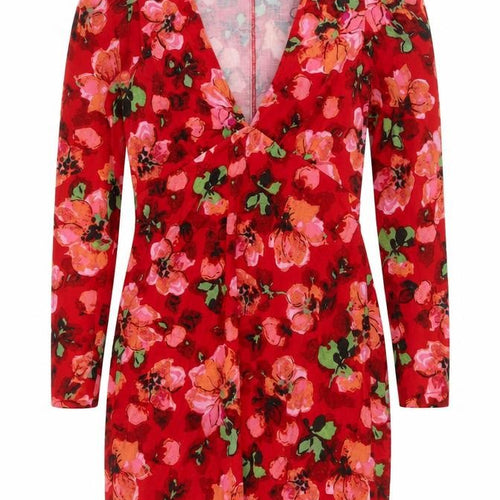 H&M Women’s Red Floral Bodycon Mini Dress Size 8 V-Neck Long Sleeve