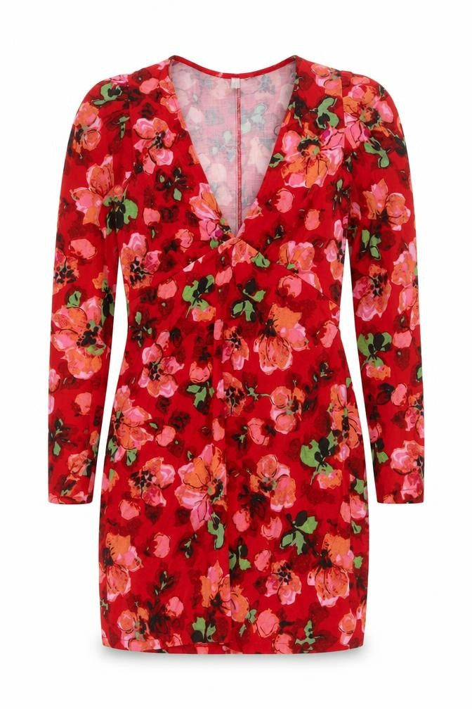 H&M Women’s Red Floral Bodycon Mini Dress Size 8 V-Neck Long Sleeve