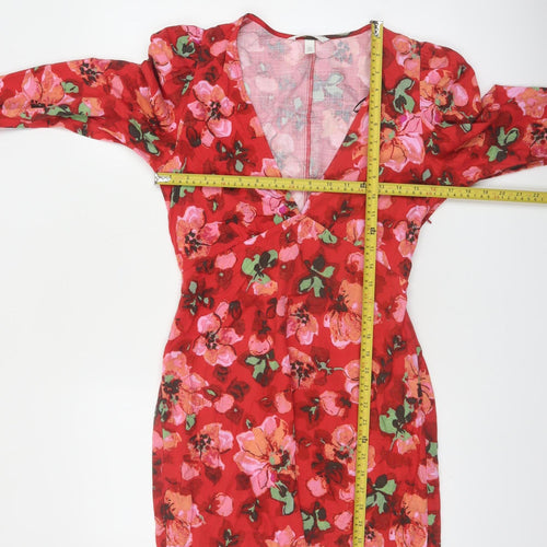 H&M Women’s Red Floral Bodycon Mini Dress Size 8 V-Neck Long Sleeve