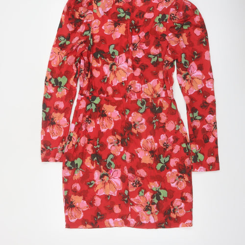 H&M Women’s Red Floral Bodycon Mini Dress Size 8 V-Neck Long Sleeve