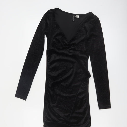 H&M Divided Women’s Black Velvet Bodycon Dress XS Long Sleeve Party