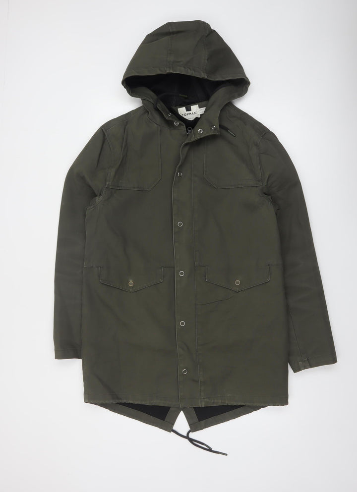 Topman Men's Green Cotton Parka Jacket Coat M Hooded Casual Mid-Length