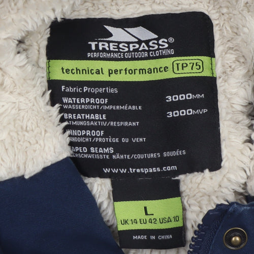 Trespass Womens Blue L Waterproof Hooded Parka Coat Lined UK14
