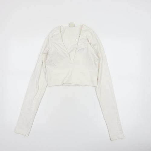 Urban Outfitters Women Ivory Long Sleeve Cropped V-Neck Top Size L