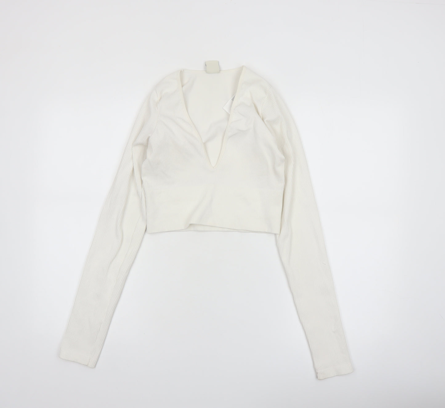 Urban Outfitters Women Ivory Long Sleeve Cropped V-Neck Top Size L