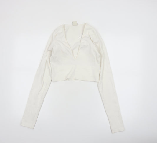 Urban Outfitters Women Ivory Long Sleeve Cropped V-Neck Top Size L
