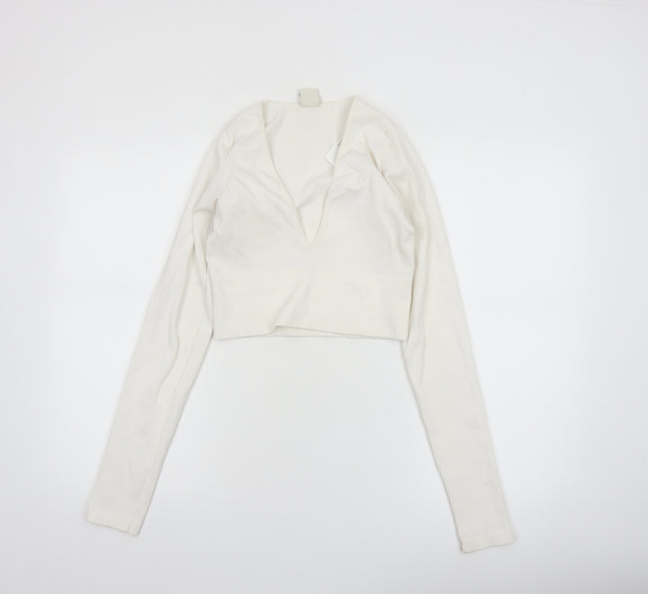 Urban Outfitters Women Ivory Long Sleeve Cropped V-Neck Top Size L