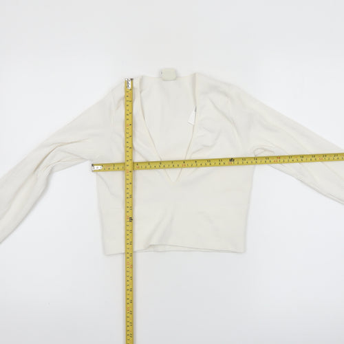 Urban Outfitters Women Ivory Long Sleeve Cropped V-Neck Top Size L