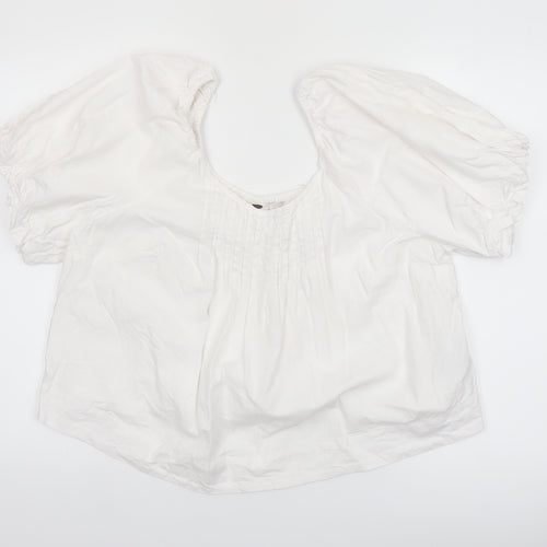 Marks and Spencer Womens White Linen Blend Puff Sleeve Blouse Size 14