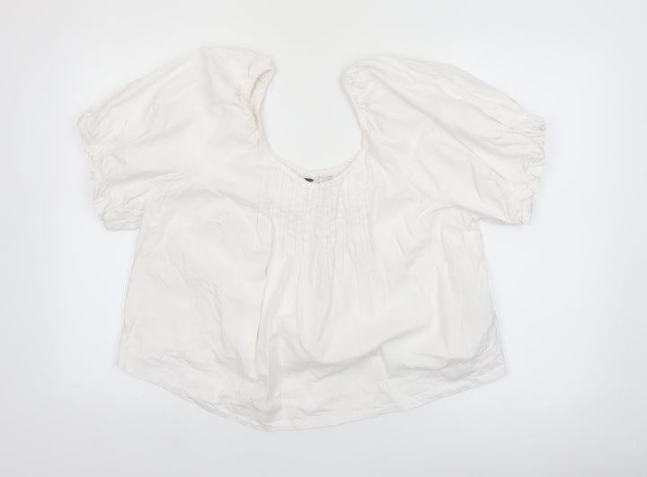 Marks and Spencer Womens White Linen Blend Puff Sleeve Blouse Size 14