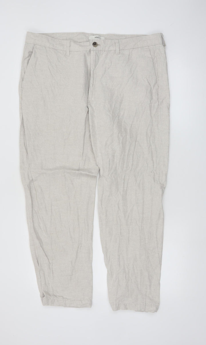 Marks and Spencer Men's Beige Linen Blend Chino Trousers 38x29 Regular Fit