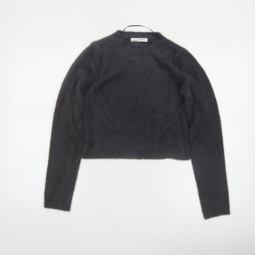 PULL&BEAR Women's Grey Fluffy Crew Neck Long Sleeve Jumper Size S