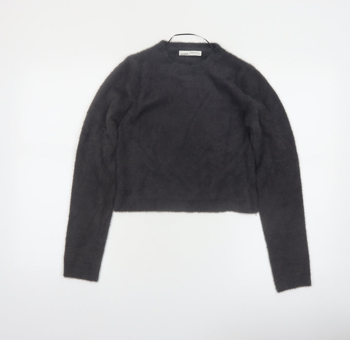 PULL&BEAR Women's Grey Fluffy Crew Neck Long Sleeve Jumper Size S