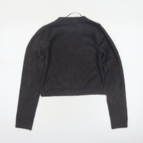 PULL&BEAR Women's Grey Fluffy Crew Neck Long Sleeve Jumper Size S