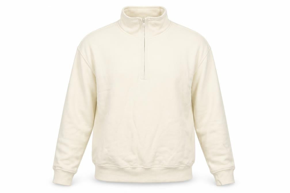 Front view of Atlant men’s beige 1/4 zip high neck sweatshirt, size L