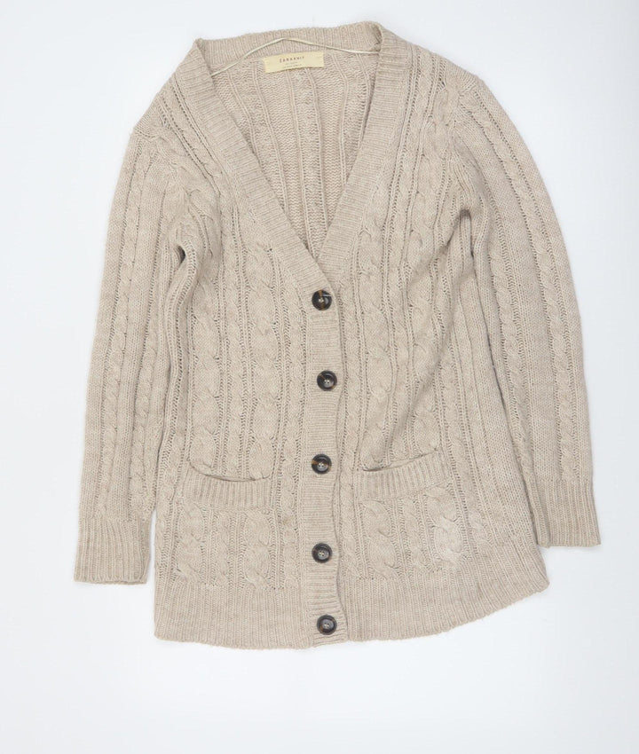 Zara Women Beige Cable-Knit Long Sleeve Cardigan S