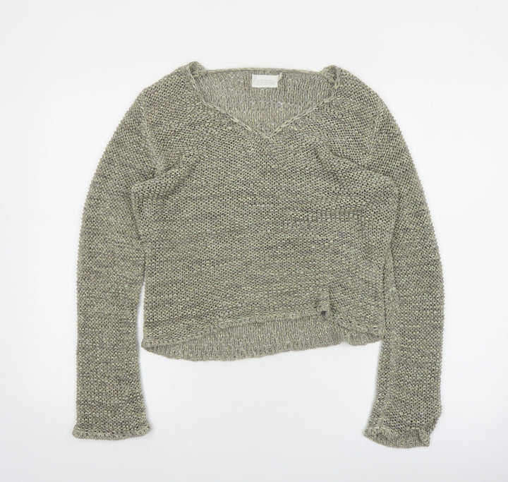 OFFshoot Women's Grey Chunky Knit V-Neck Jumper Size S