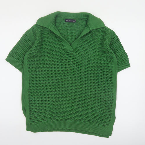 Marks and Spencer Women's Green Cotton Collared Short Sleeve Jumper M