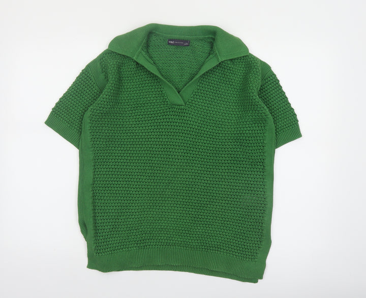 Marks and Spencer Women's Green Cotton Collared Short Sleeve Jumper M