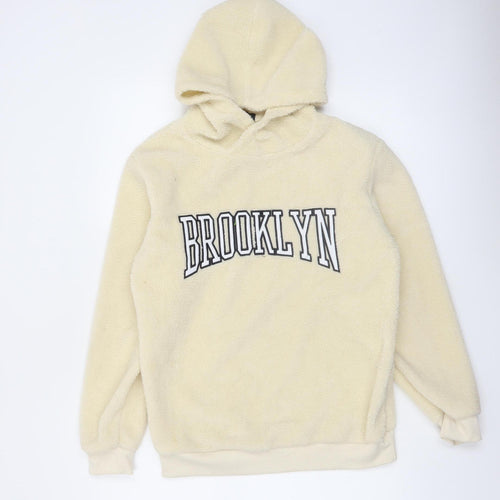 Brave Soul Women Beige Hooded Pullover Sweatshirt - Brooklyn Print Size M