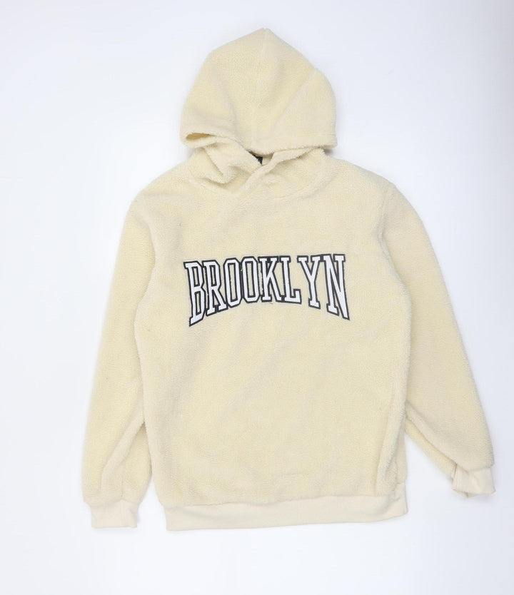 Brave Soul Women Beige Hooded Pullover Sweatshirt - Brooklyn Print Size M
