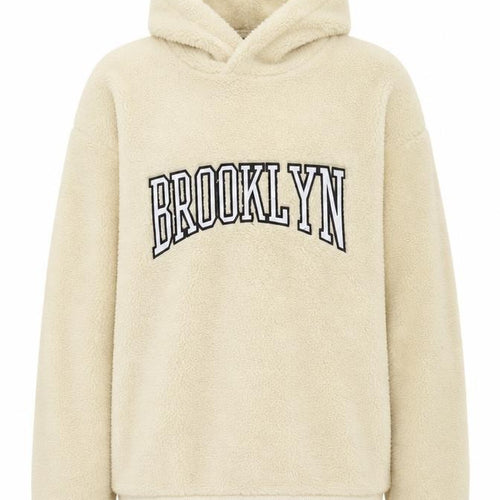 Brave Soul Women Beige Hooded Pullover Sweatshirt - Brooklyn Print Size M
