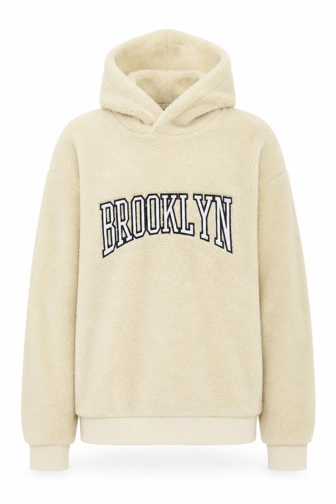 Brave Soul Women Beige Hooded Pullover Sweatshirt - Brooklyn Print Size M