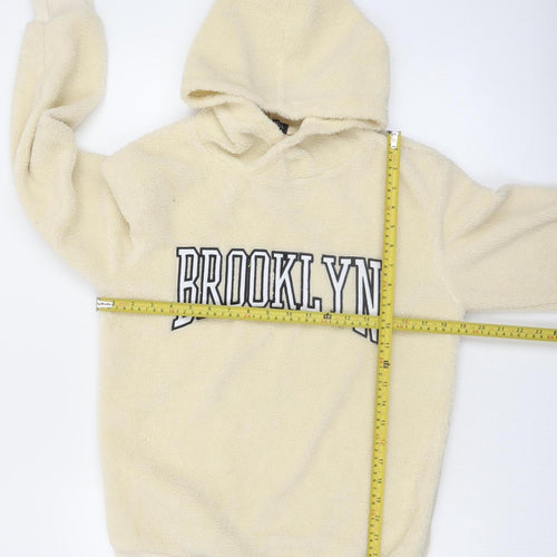 Brave Soul Women Beige Hooded Pullover Sweatshirt - Brooklyn Print Size M
